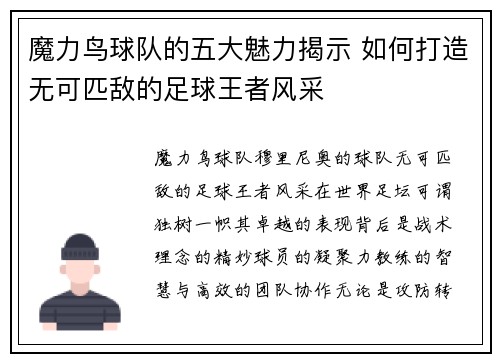 魔力鸟球队的五大魅力揭示 如何打造无可匹敌的足球王者风采